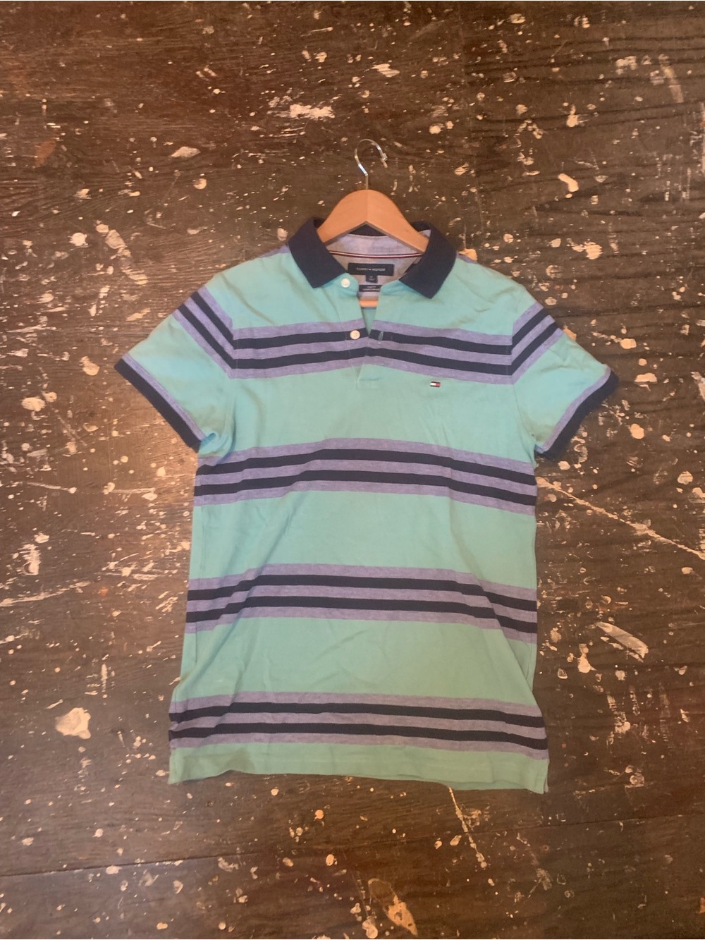 Tommy Hilfiger Men’s Mint Green Polo with Navy and Purple Stripes